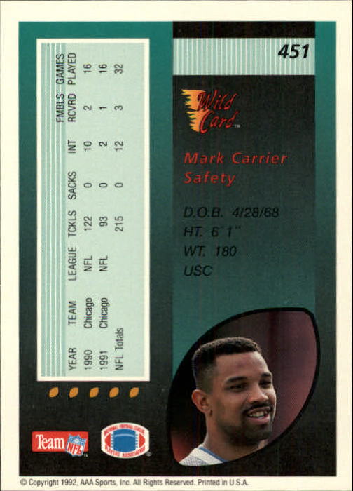 1992 Wild Card #451 Mark Carrier DB back image