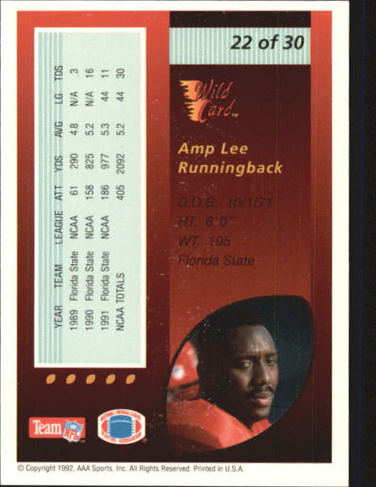 1992 Wild Card Red Hot Rookies #22 Amp Lee back image