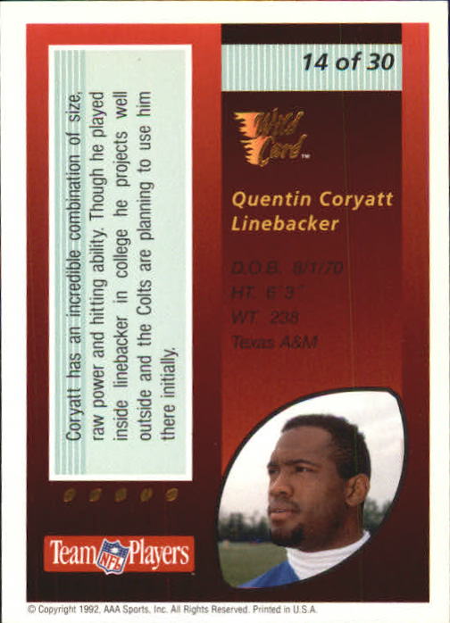 1992 Wild Card Red Hot Rookies Gold #14 Quentin Coryatt back image