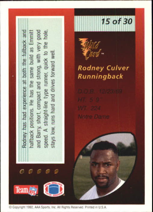 1992 Wild Card Red Hot Rookies Gold #15 Rodney Culver back image