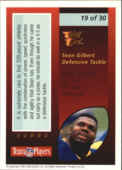 1992 Wild Card Red Hot Rookies Gold #19 Sean Gilbert back image