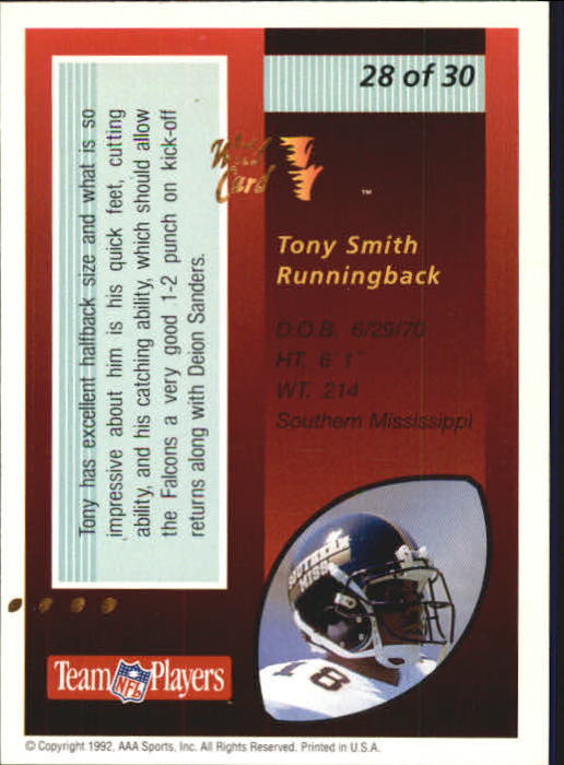 1992 Wild Card Red Hot Rookies Gold #28 Tony Smith RB back image