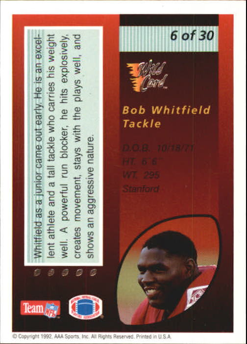 1992 Wild Card Red Hot Rookies Silver #6 Bob Whitfield back image