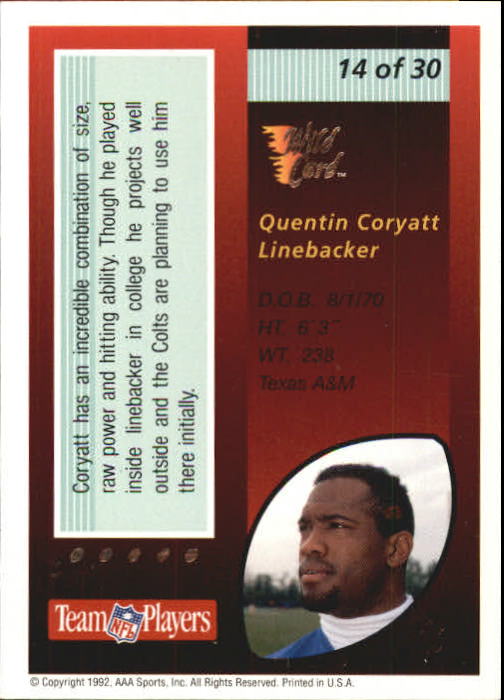 1992 Wild Card Red Hot Rookies Silver #14 Quentin Coryatt back image