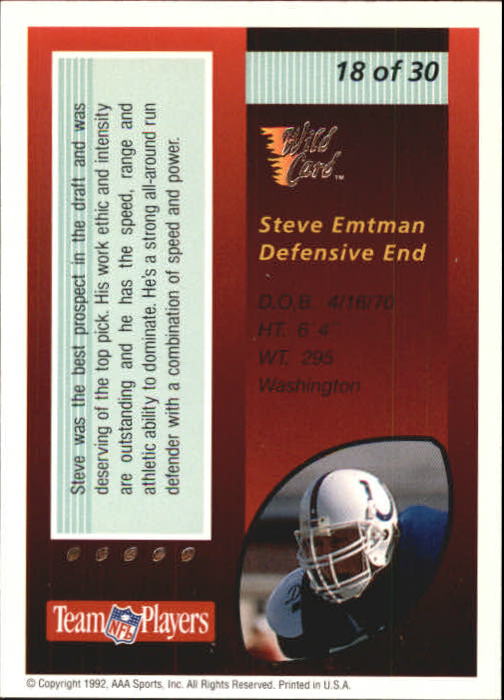 1992 Wild Card Red Hot Rookies Silver #18 Steve Emtman back image