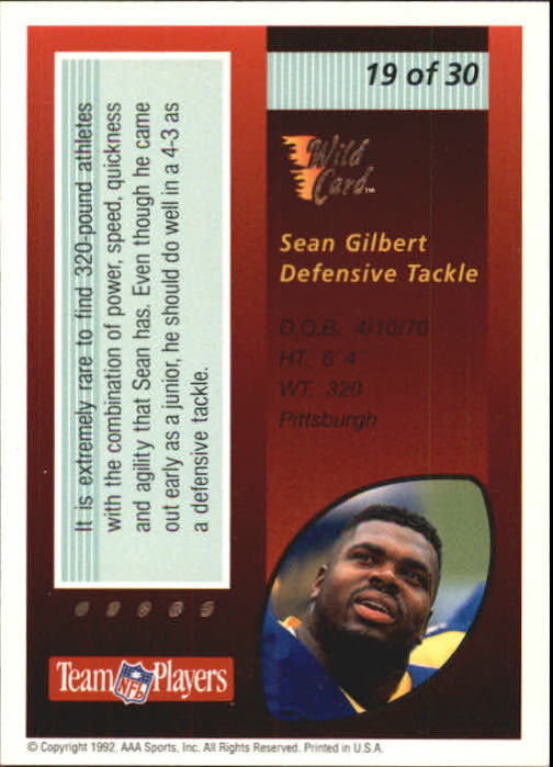 1992 Wild Card Red Hot Rookies Silver #19 Sean Gilbert back image