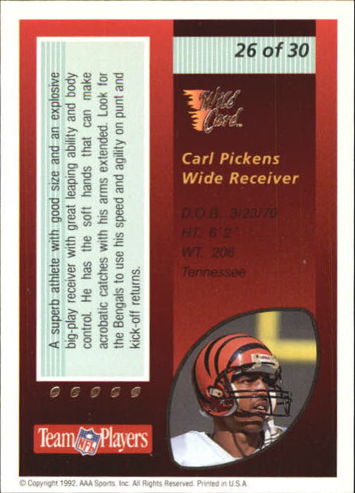 1992 Wild Card Red Hot Rookies Silver #26 Carl Pickens back image