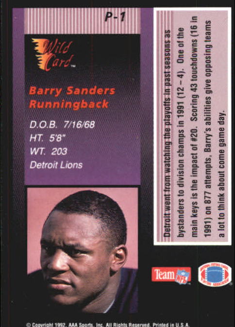 1992 Wild Card Stat Smashers #P1 Barry Sanders PROMO back image