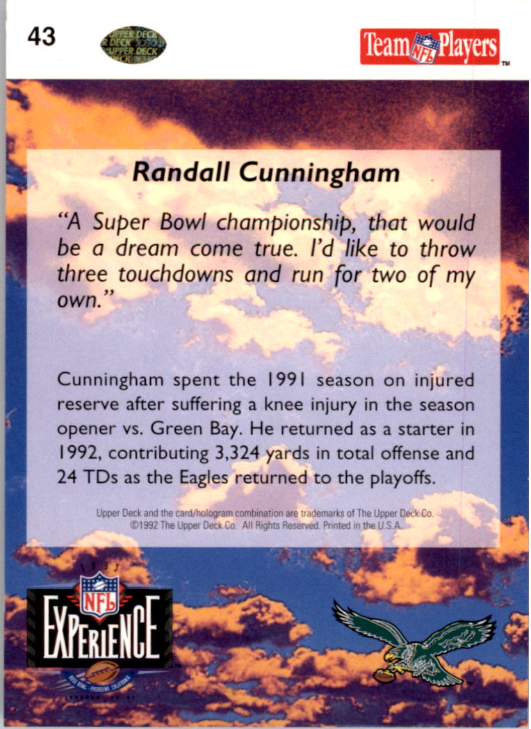 RANDALL CUNNINGHAM- 1993 Upper Deck Super Bowl Collector Series - #43 - $1  Ship.