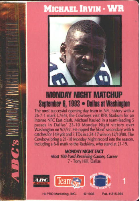 1993 Action Packed Monday Night Football #1 Michael Irvin back image