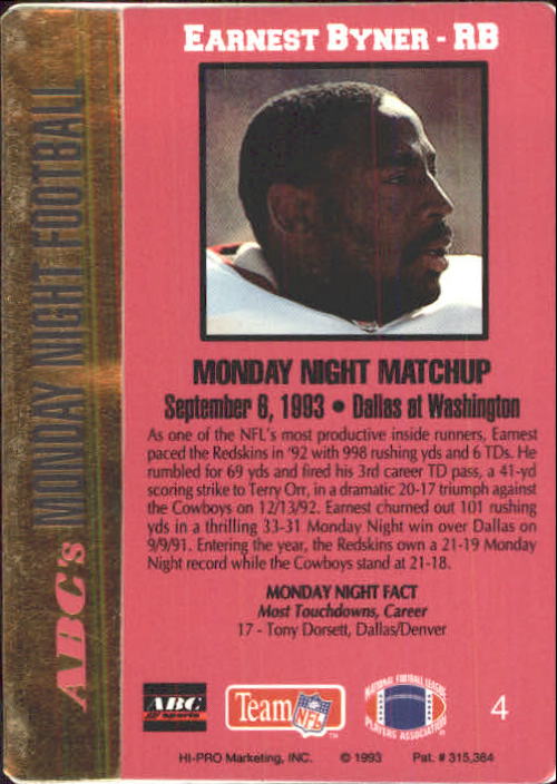 1993 Action Packed Monday Night Football #4 Earnest Byner back image