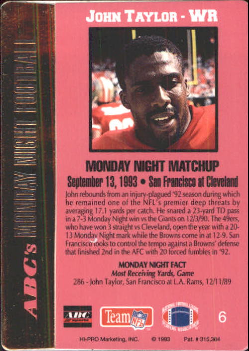 1993 Action Packed Monday Night Football #6 John Taylor back image