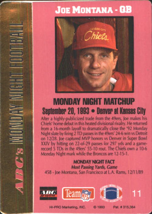 1993 Action Packed Monday Night Football #11 Joe Montana back image