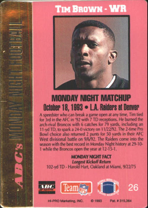 1993 Action Packed Monday Night Football #26 Tim Brown back image