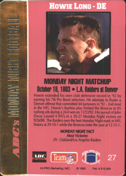 1993 Action Packed Monday Night Football #27 Howie Long back image