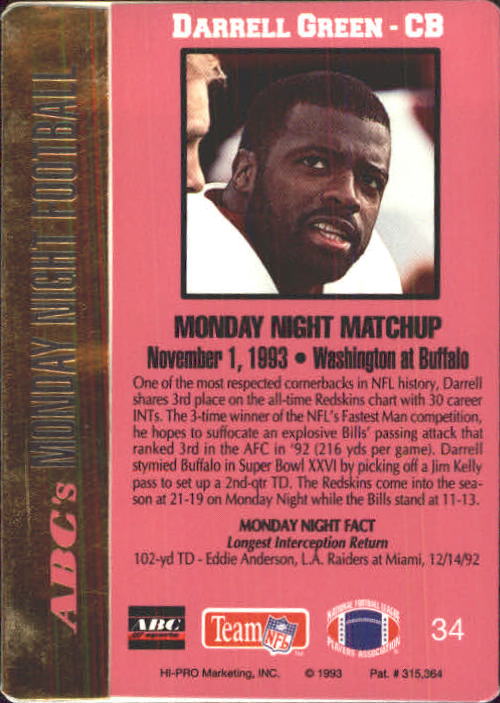 1993 Action Packed Monday Night Football #34 Darrell Green back image