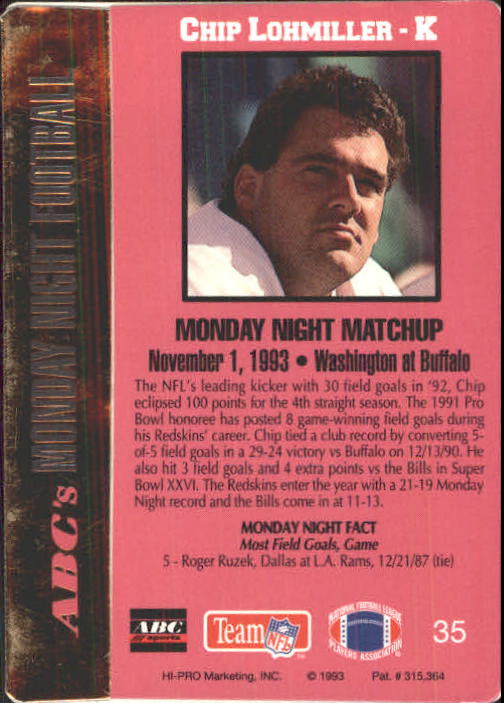 1993 Action Packed Monday Night Football #35 Chip Lohmiller back image