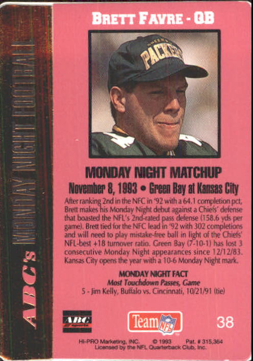 1993 Action Packed Monday Night Football #38 Brett Favre back image