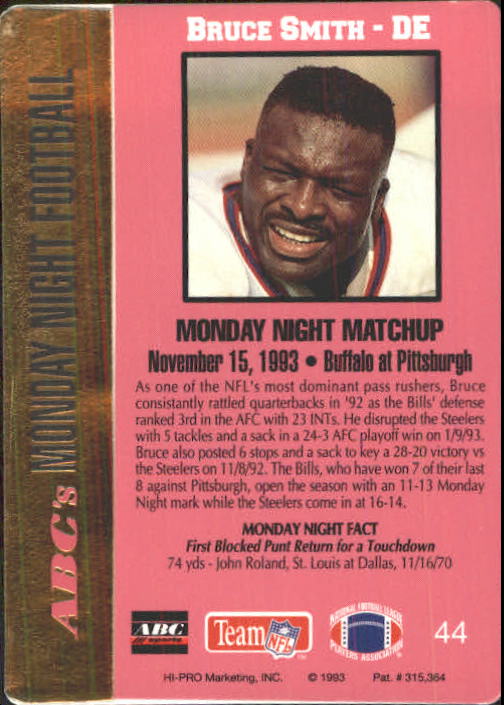 1993 Action Packed Monday Night Football #44 Bruce Smith back image