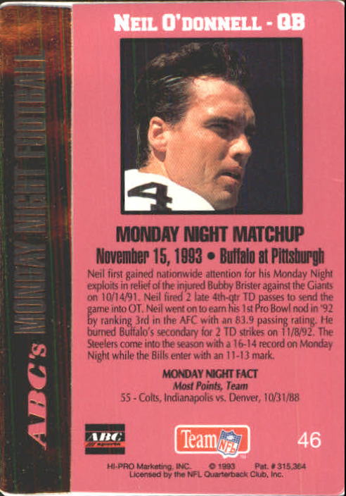 1993 Action Packed Monday Night Football #46 Neil O'Donnell back image