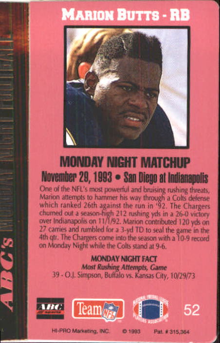 1993 Action Packed Monday Night Football #52 Marion Butts back image
