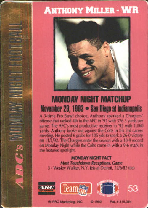1993 Action Packed Monday Night Football #53 Anthony Miller back image