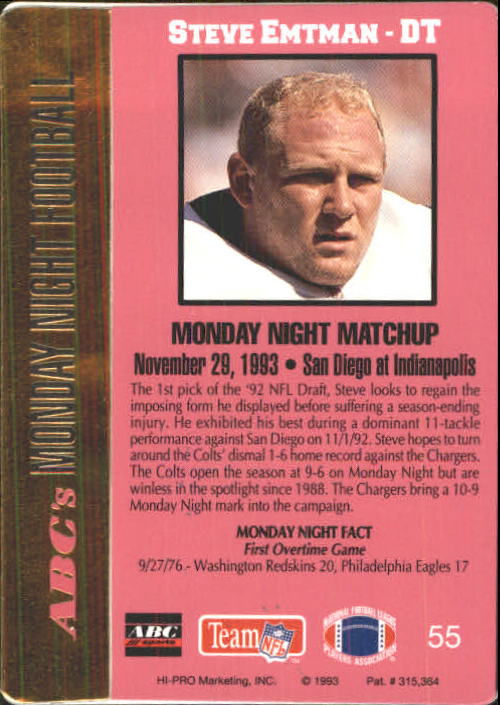 1993 Action Packed Monday Night Football #55 Steve Emtman back image