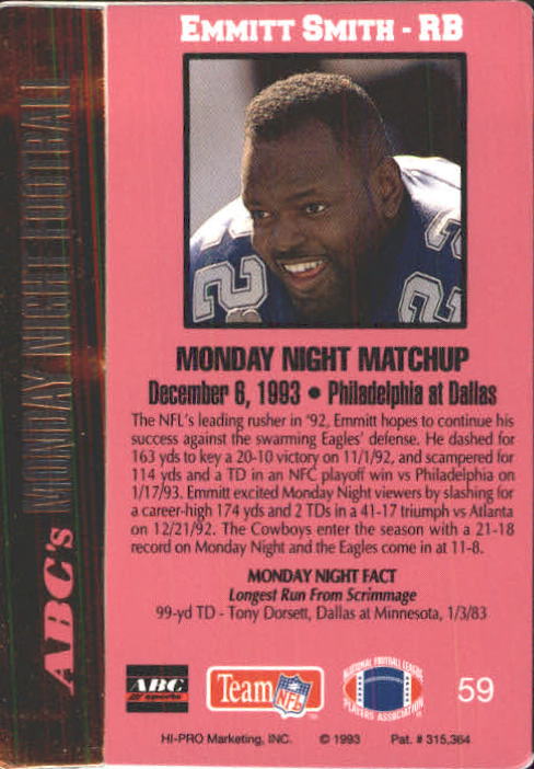 1993 Action Packed Monday Night Football #59 Emmitt Smith back image