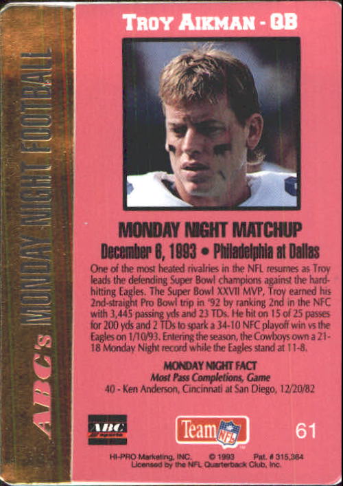 1993 Action Packed Monday Night Football #61 Troy Aikman back image