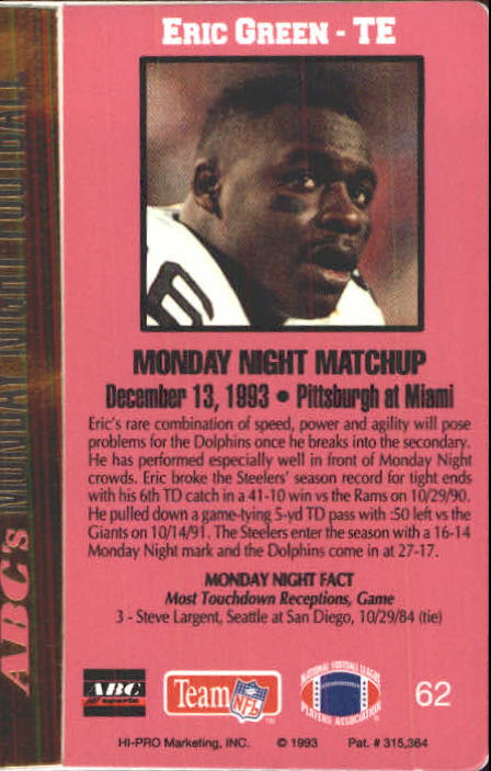1993 Action Packed Monday Night Football #62 Eric Green back image