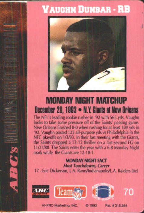 1993 Action Packed Monday Night Football #70 Vaughn Dunbar back image