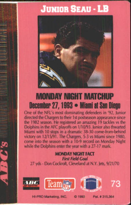1993 Action Packed Monday Night Football #73 Junior Seau back image
