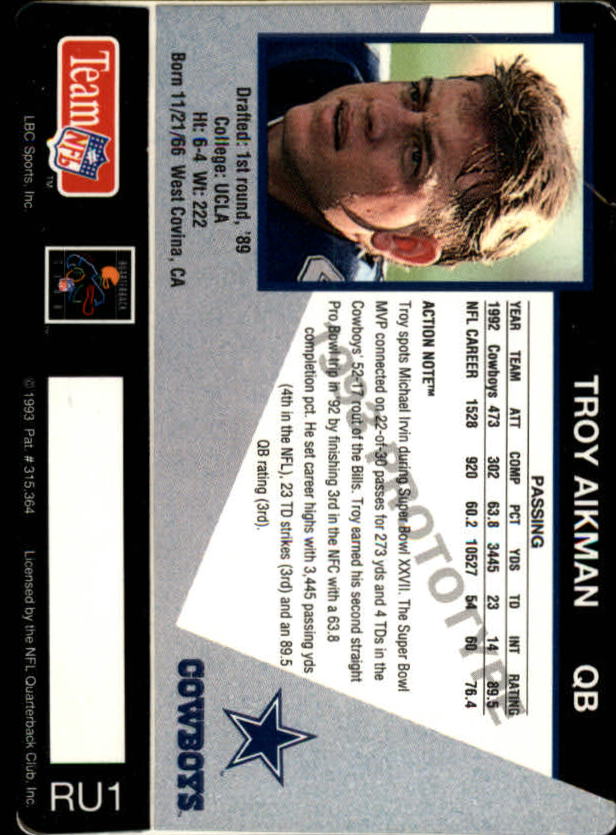 1993 Action Packed Rookie Update Previews #RU1 Troy Aikman back image