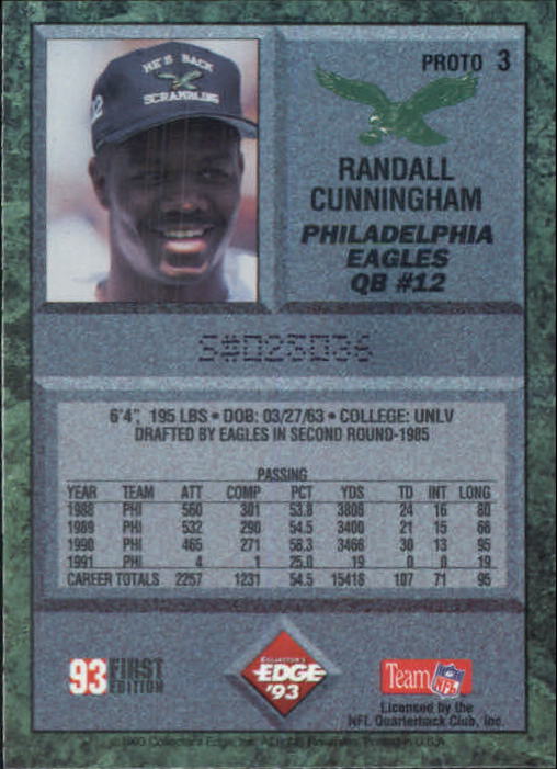 1993 Collector's Edge Prototypes #3 Randall Cunningham back image