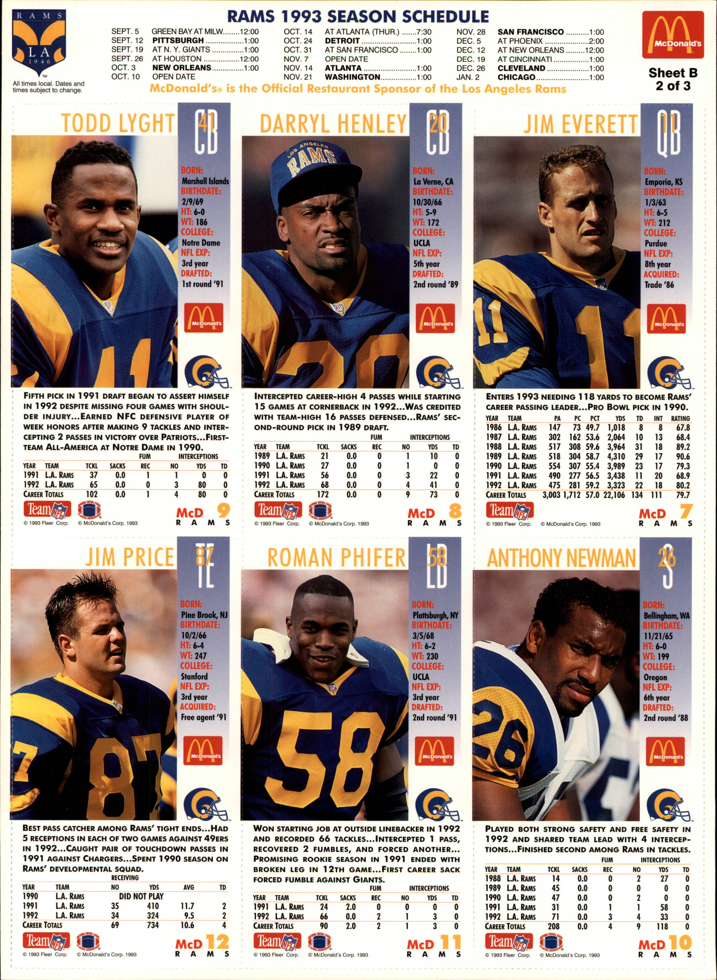 prices clearance 1993 LA Week Rams of McDonald´s gameday Broncos, 2 sheets  17 of 12 Chargers cards Beat 