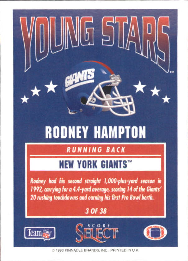1993 Select Young Stars #3 Rodney Hampton back image