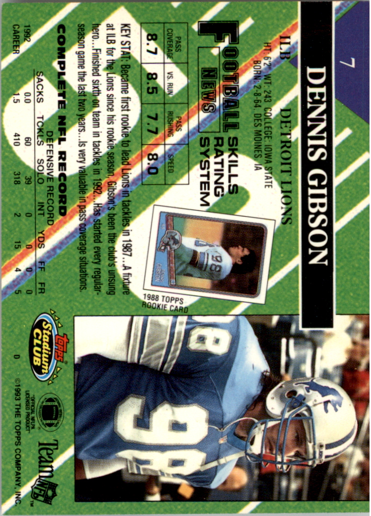 1993 Stadium Club Super Teams Super Bowl #7 Dennis Gibson back image