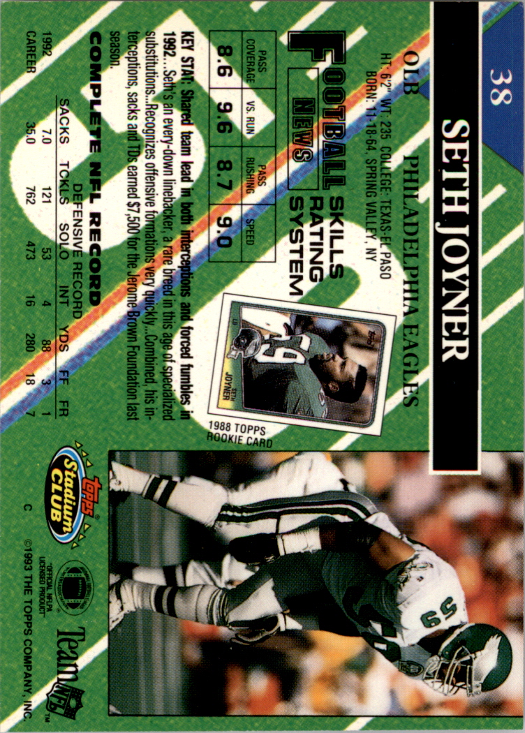 1993 Stadium Club Super Teams Super Bowl #38 Seth Joyner back image
