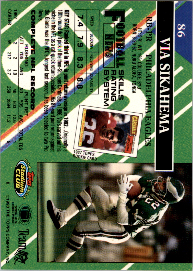 1993 Stadium Club Super Teams Super Bowl #86 Vai Sikahema back image