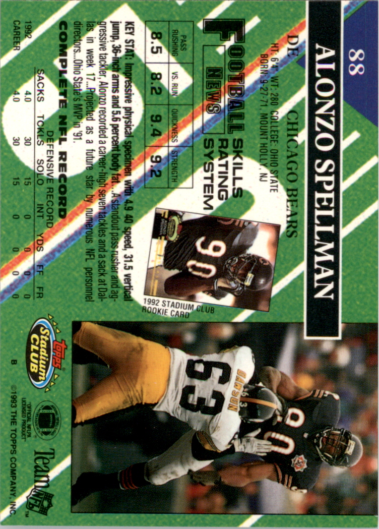 1993 Stadium Club Super Teams Super Bowl #88 Alonzo Spellman back image