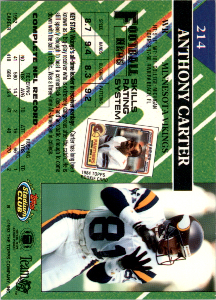 1993 Stadium Club Super Teams Super Bowl #214 Anthony Carter back image