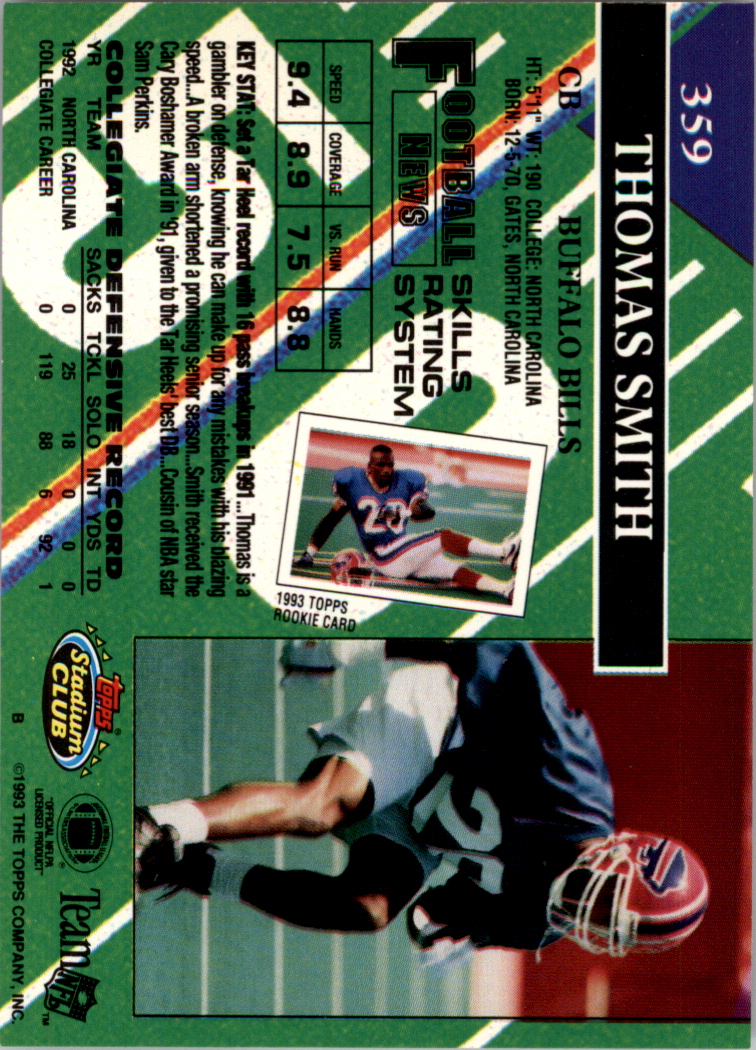 1993 Stadium Club Super Teams Super Bowl #359 Thomas Smith back image