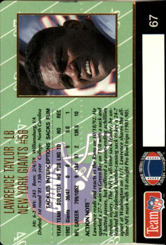1993 Action Packed #67 Lawrence Taylor back image
