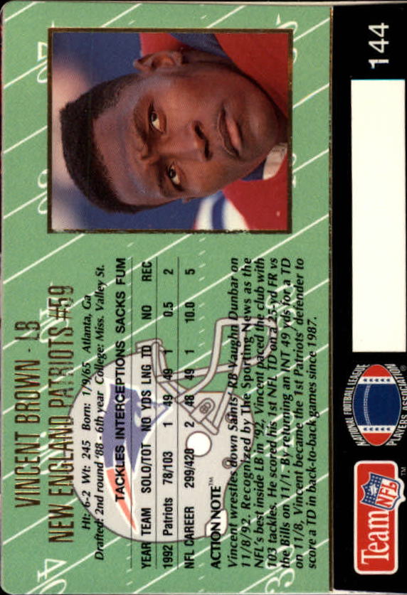 1993 Action Packed #144 Vincent Brown back image