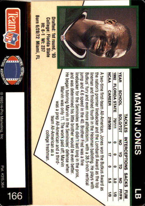 1993 Action Packed #166 Marvin Jones RC back image