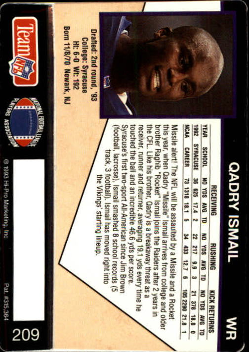 1993 Action Packed #209 Qadry Ismail RC back image