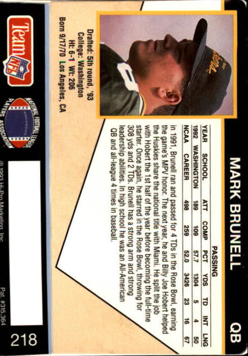 1993 Action Packed #218 Mark Brunell RC back image