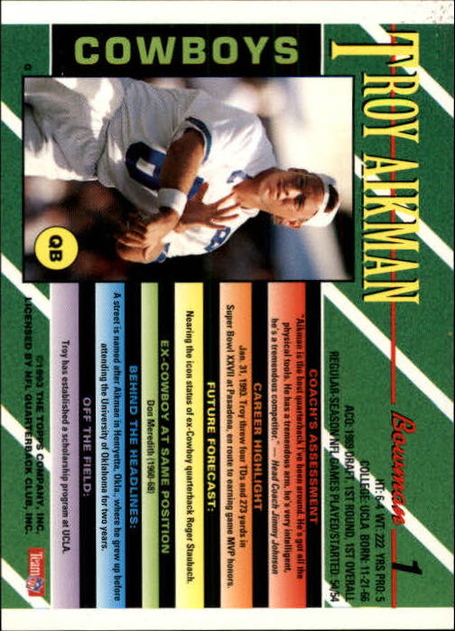 1993 Bowman #1 Troy Aikman FOIL back image