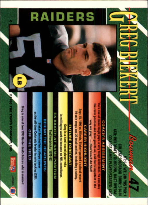 1993 Bowman #47 Greg Biekert RC back image