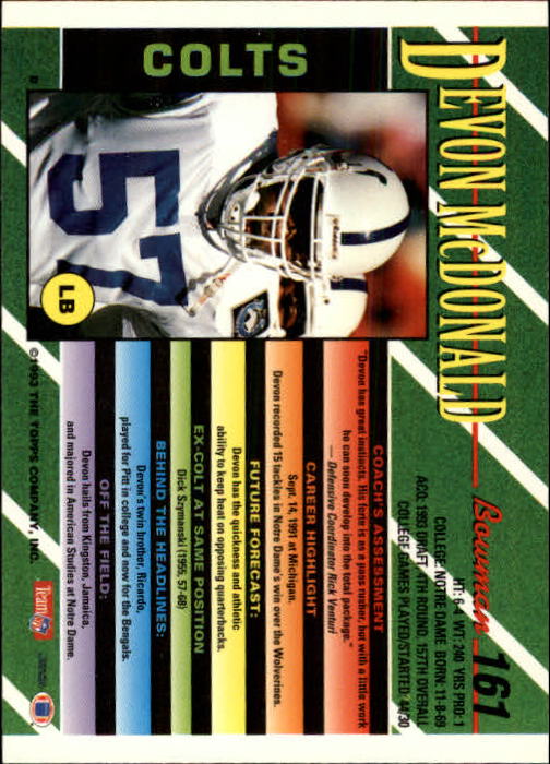 1993 Bowman #161 Devon McDonald RC back image